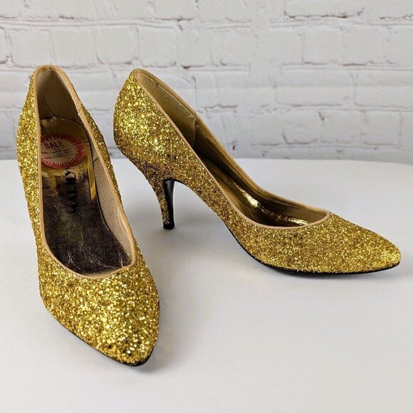 Vintage Gold Glitter High Heels Stilettos Size 7 - Picture 1 of 15